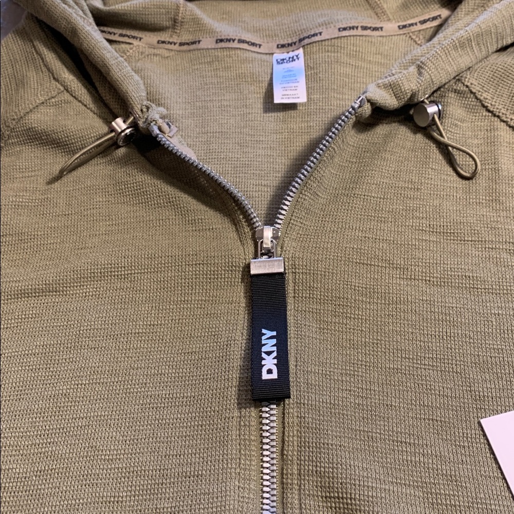 DKNY‎ Slub Waffle Knit Zip Front Hoodie NWT Medium Green Lightweight Cotton/Poly - Picture 8 of 16